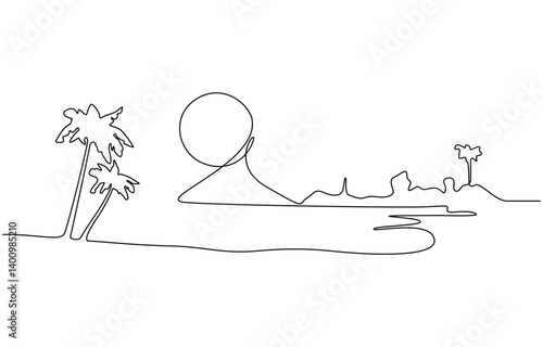 Seascape drawing with one single continuous line. landscape, One line drawing tropical oasis island, paradise concept. Abstract sunset, mountains, coconut palm tree landscape continuous art.