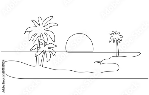 Seascape drawing with one single continuous line. landscape, One line drawing tropical oasis island, paradise concept. Abstract sunset, mountains, coconut palm tree landscape continuous art.
