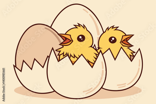 Fluffy yellow chicks and eggs, a cute cartoon spring illustration
