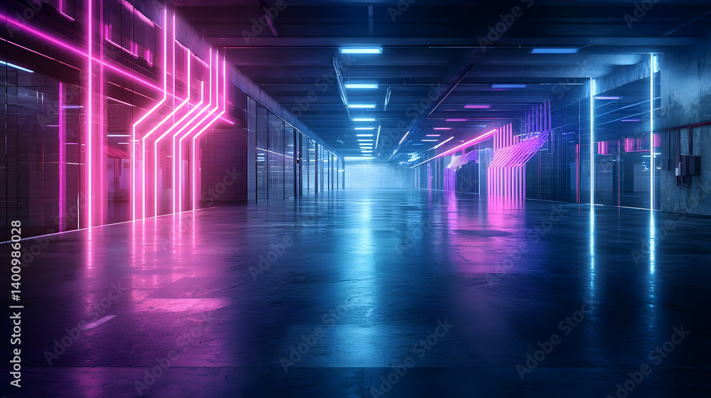 Neon Glowing Tunnel Corridor With Pink And Blue Lights Neon Glowing Tunnel Corridor With Pink And Blue Lights