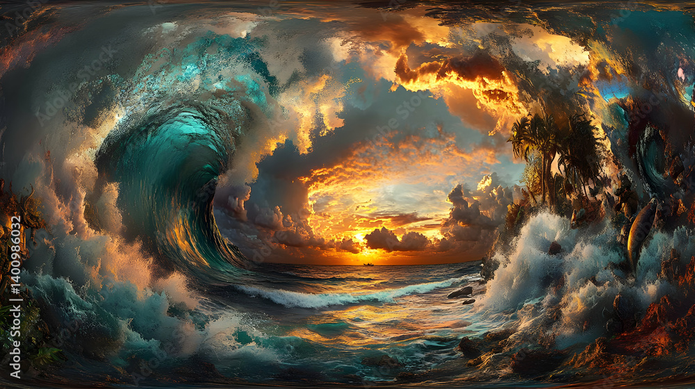Vivid Ocean Wave Crashing at Sunset with Dramatic Clouds Sky and Golden Light Reflecting on Turbulent Waters