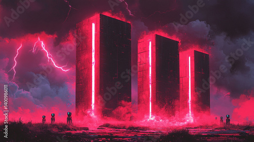 Картината върху платно Neon-lit, ominous towers stand guard under a stormy sky.