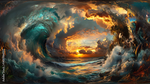 Obraz na płótnie Vivid Ocean Wave Crashing at Sunset with Dramatic Clouds Sky and Golden Light Reflecting on Turbulent Waters w salonie