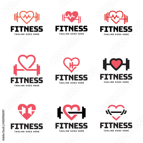 Set of Gym fitness lovers logo design. Love fitness logo template.