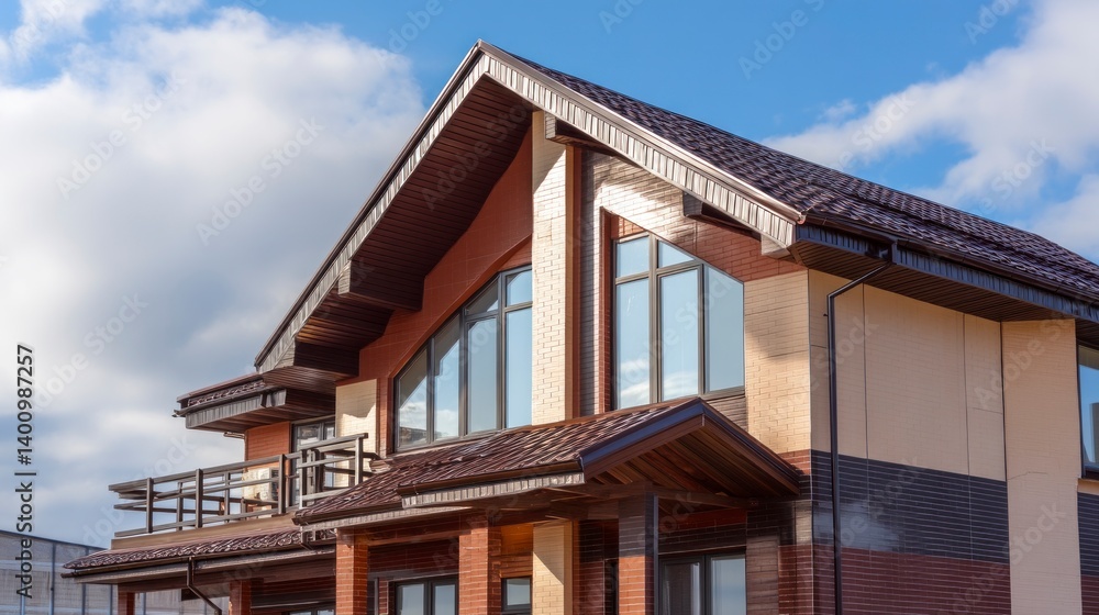 Viewing a Brown Toned Home Exterior Under a Blue Sky with Clouds Viewing a Brown Toned Home Exterior Under a Blue Sky with Clouds