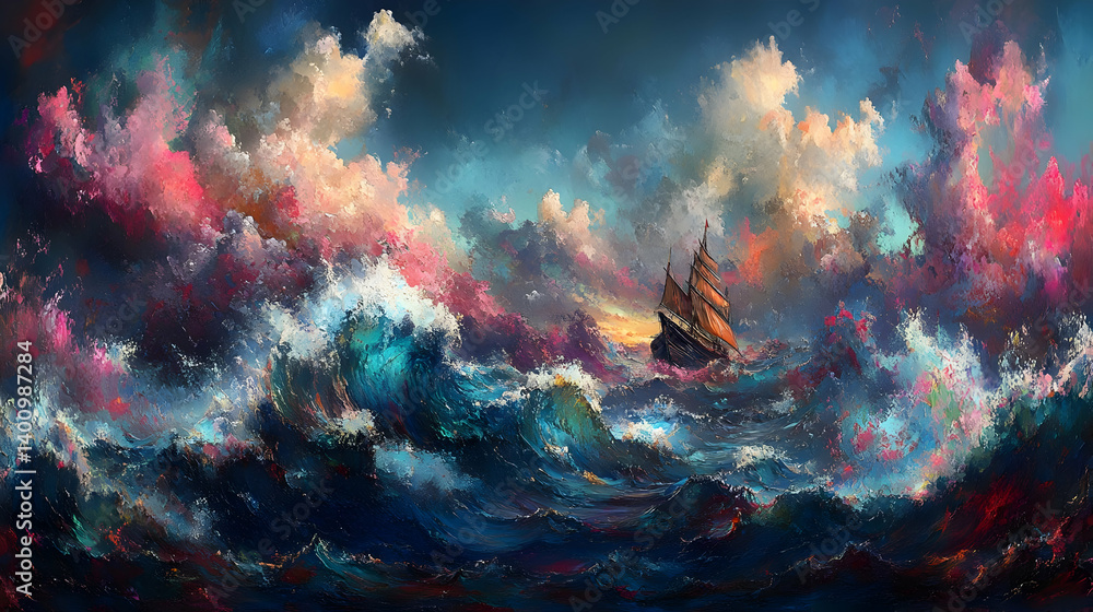 Vivid Pixelated Seascape Painting of a Ship Amidst Turbulent Waves Under a Cloudy Sky with Rough Texture