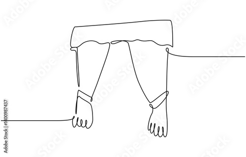 Continuous line vector illustration of curtain curtain, One continuous line drawing of window with curtains. Concept of living room interioa with drape cloth in simple linear style. Editable stroke.