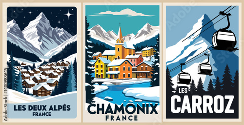 Set of Ski Travel Posters in retro style. Chamonix, Alps France, Carroz digital prints. Winter holidays, active lifestyle. Vintage vector colorful illustrations
