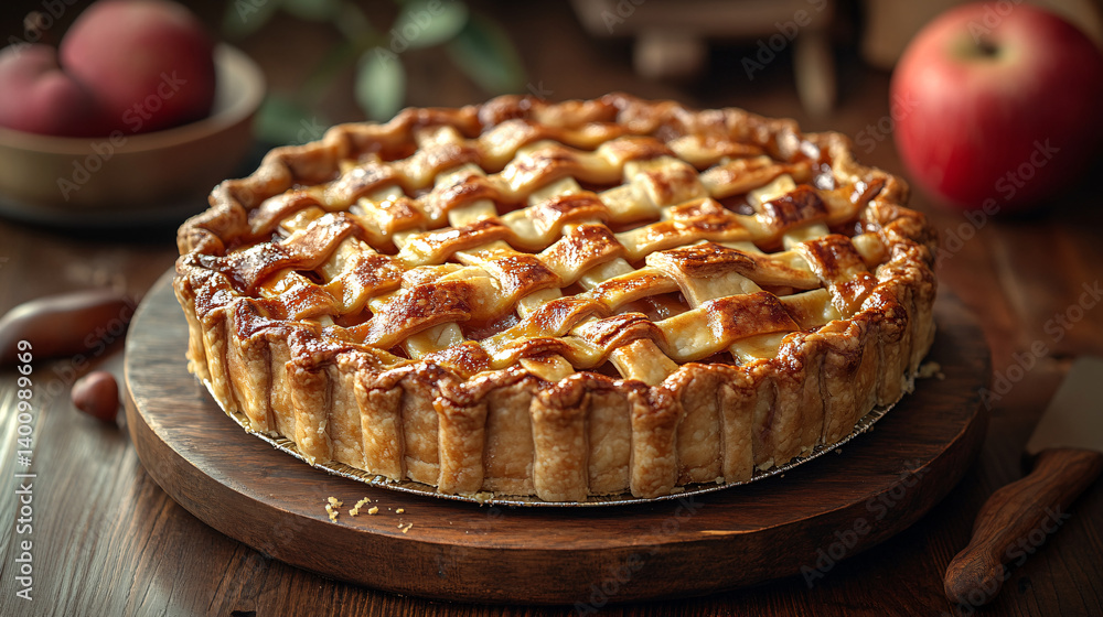 A delicious apple pie with a golden lattice crust sits on a wooden board, surrounded by fresh apples, evoking a warm, rustic atmosphere. A delicious apple pie with a golden lattice crust sits on a wooden board, surrounded by fresh apples, evoking a warm, rustic atmosphere.