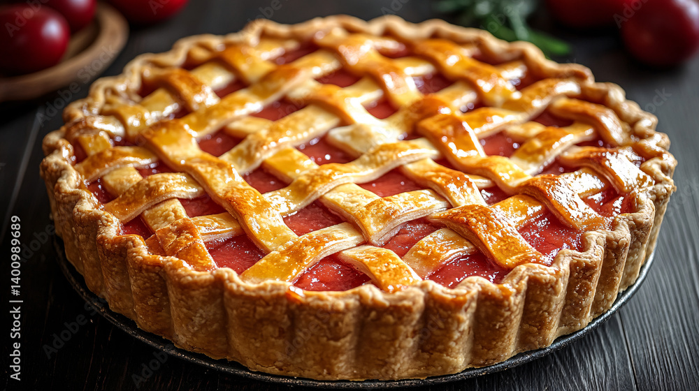 A beautifully crafted pie with a golden lattice crust, filled with red fruit, set against a dark background with fresh tomatoes nearby. A beautifully crafted pie with a golden lattice crust, filled with red fruit, set against a dark background with fresh tomatoes nearby.