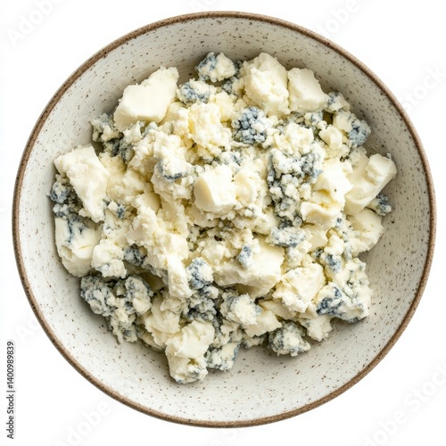 Top-Down View of Blue Cheese Crumbles in a Bowl Against a Clean White Background