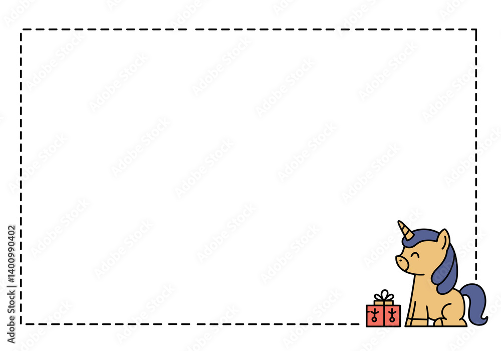 Unicorn celebrating Birthday with gifts on a blank card Unicorn celebrating Birthday with gifts on a blank card