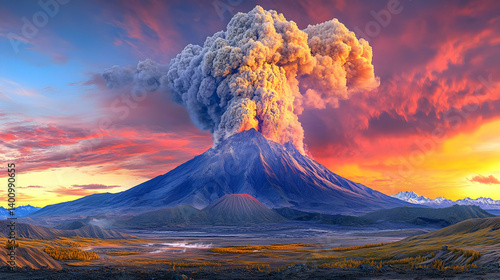 Obraz na płótnie Volcanic Eruption With Billowing Smoke and Ash Cloud at Sunset Over a Mountain Landscape Featuring Trees and a Rural Village in a Pixelated Style w salonie