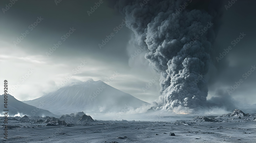 Volcanic Eruption with Massive Ash Clouds Over Barren Landscape with Pixelated Textures in Grey Scale Under Cloudy Sky