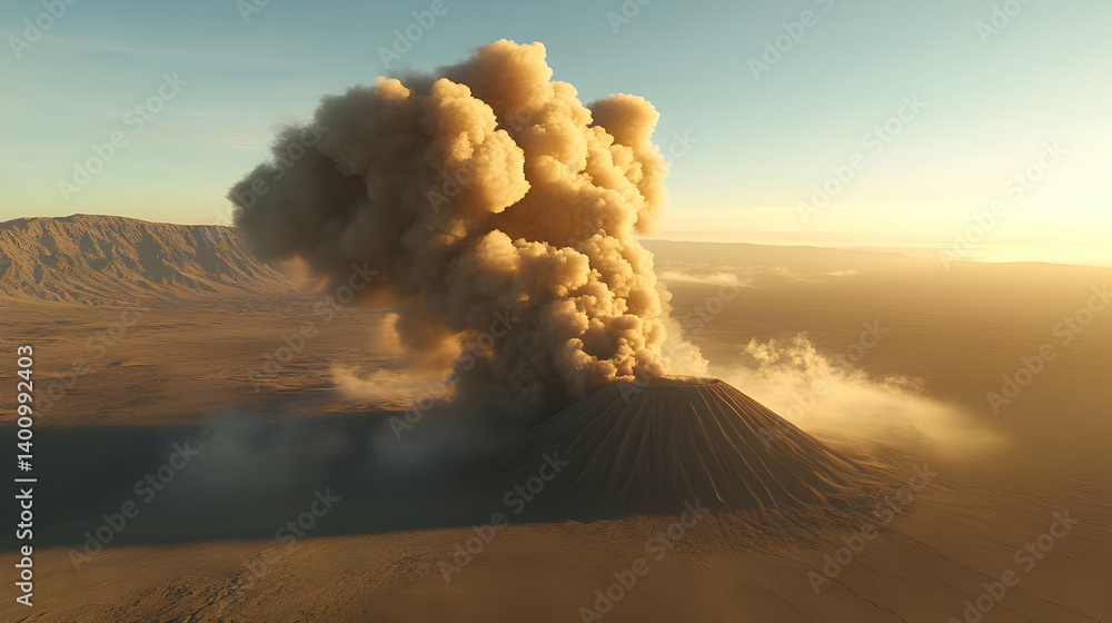 Volcanic Eruption with Plume of Smoke Rising Above Arid Desert Landscape Under Blue Sky with Golden Sunlight
