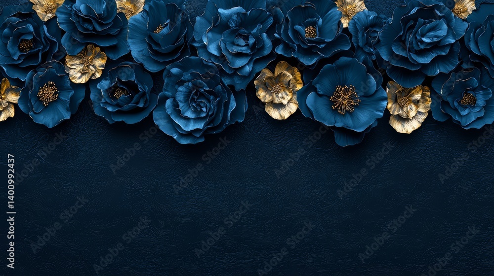Obraz premium Blue and gold flower arrangement with a blue background. The flowers are arranged in a way that they look like they are blooming. The blue background gives the flowers a sense of depth