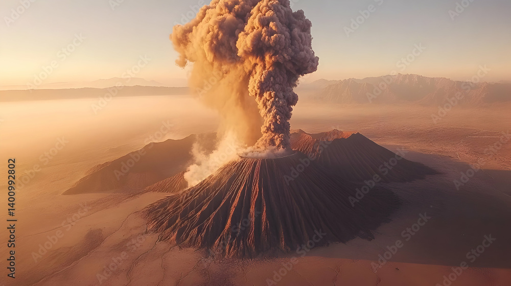 Volcanic Eruption with Plume of Ash in Arid Landscape with Pixelated Art Style Depicting A Voxel Volcano Emitting Smoke During Sunset