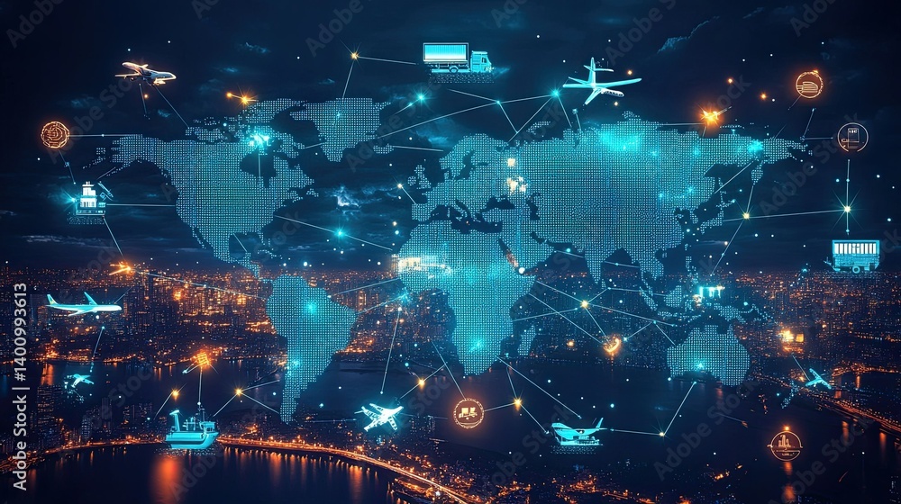 A world map with interconnected lines representing global supply chains, with icons of planes, ships, and trucks A world map with interconnected lines representing global supply chains, with icons of planes, ships, and trucks