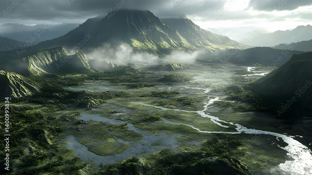 Voxel Style Landscape of Mountains with Dense Forest and Rivers Under a Cloudy Sky in Green Tones