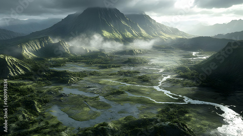 Obraz na płótnie Voxel Style Landscape of Mountains with Dense Forest and Rivers Under a Cloudy Sky in Green Tones w salonie