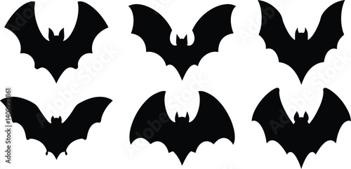 Black bat silhouettes, Halloween icons, flying bats, spooky creatures, gothic design, vampire motif, nocturnal animals, wing patterns, eerie shadows, batcave inhabitants, horror elements