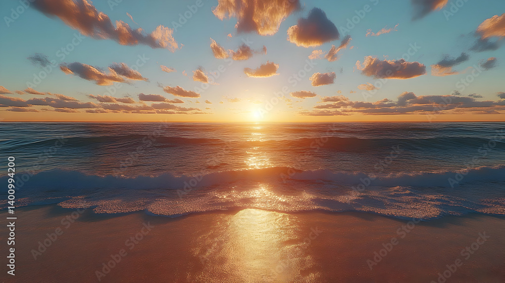 Voxel Style Ocean Beach at Sunset with Vivid Golden Light Reflecting on Water and Blue Orange Sky with Clouds