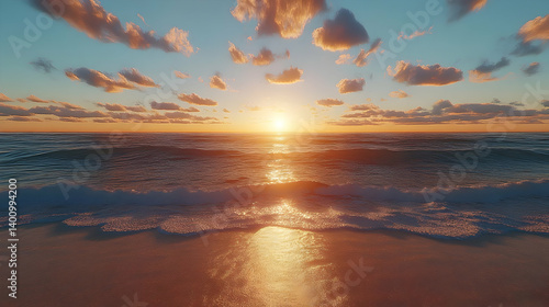 Obraz na płótnie Voxel Style Ocean Beach at Sunset with Vivid Golden Light Reflecting on Water and Blue Orange Sky with Clouds w salonie