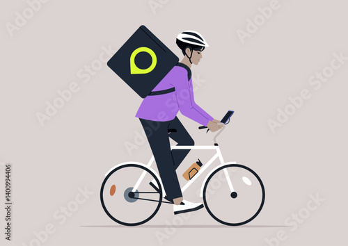 A delivery service cyclist navigates urban streets, balancing a large backpack and checking their phone for directions, bringing convenience to city dwellers during lunch