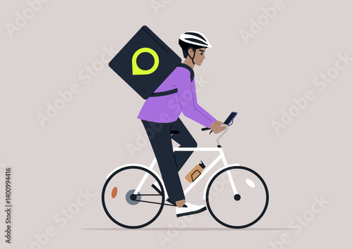 A delivery service cyclist navigates urban streets, balancing a large backpack and checking their phone for directions, bringing convenience to city dwellers during lunch