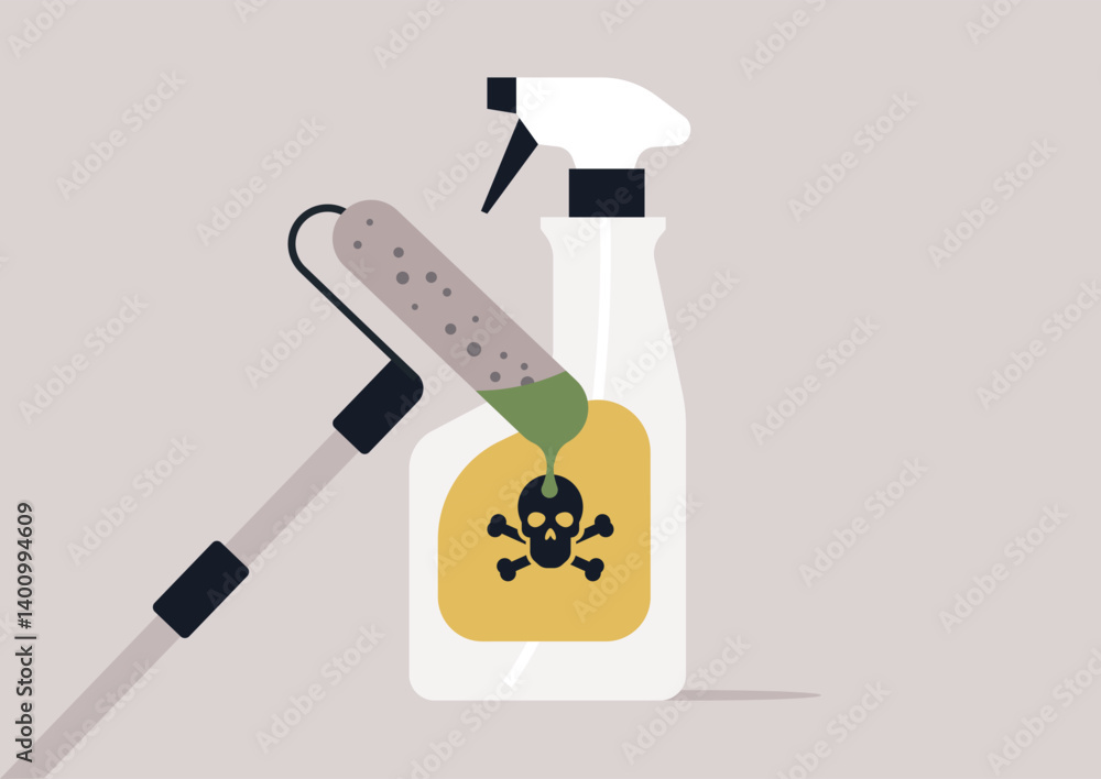 Bright green paint glosses over a warning label featuring a skull and crossbones, symbolizing the misleading marketing practices that obscure real product hazards and environmental threats Bright green paint glosses over a warning label featuring a skull and crossbones, symbolizing the misleading marketing practices that obscure real product hazards and environmental threats