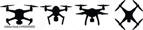 Silhouette drones, quadcopter icons, flying robot designs, aerial vehicle outlines, modern technology symbols, minimalist drone shapes, black and white unmanned aircraft