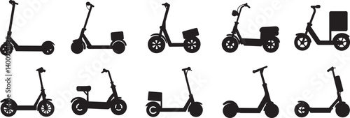 Electric scooters, black silhouettes, minimalist design, urban transportation, mobility devices, kickscooters, e-scooters, modern vehicles, side view, clean lines, simple shapes, flat icons