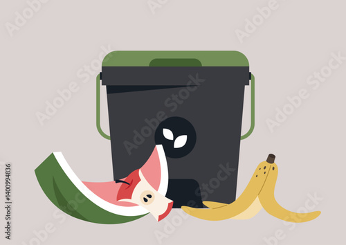 Colorful food scraps gather around a compost bin, showcasing a vibrant mix of discarded fruit and vegetable remnants, emphasizing the importance of eco-friendly waste management in the kitchen