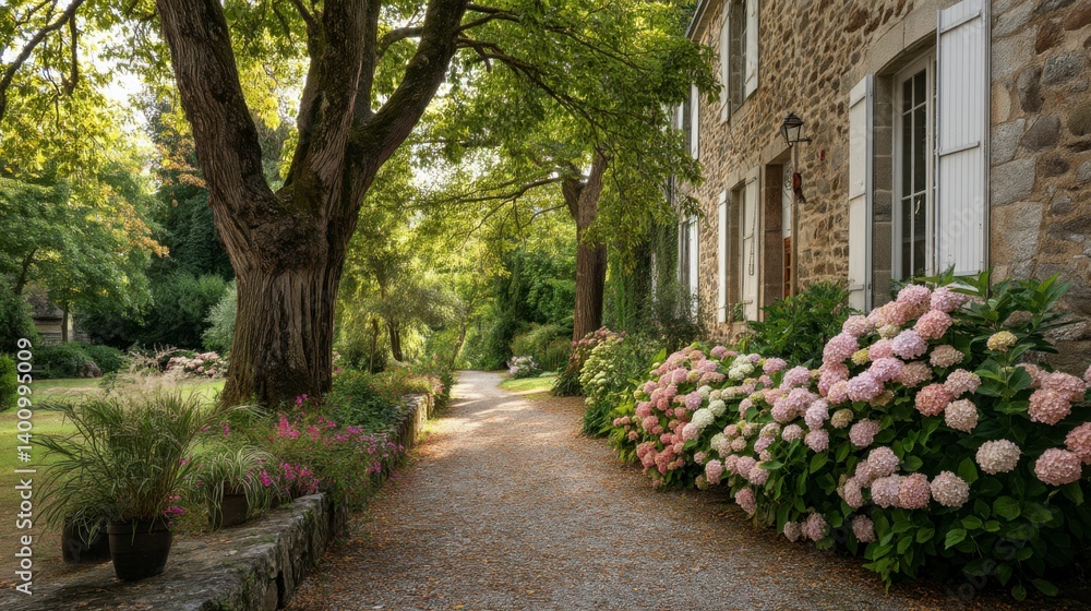 Fototapeta premium Blooming hydrangeas in a serene garden, lush greenery under soft sunlight. Peaceful countryside charm and natural beauty.