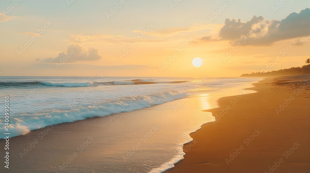 Warm Sunset at Sandy Beach with Golden Light Reflecting on Waves and Coastal Horizon in a Serene Seascape
