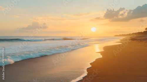 Obraz na płótnie Warm Sunset at Sandy Beach with Golden Light Reflecting on Waves and Coastal Horizon in a Serene Seascape w salonie