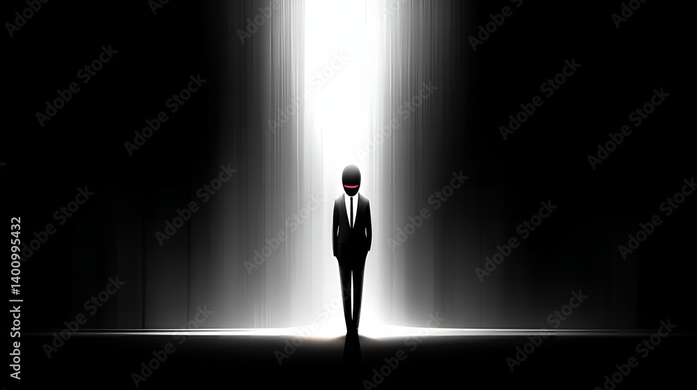 figure in a suit with a helmet-like head standing in a spotlight, surrounded by darkness, creating a mysterious and dramatic atmosphere figure in a suit with a helmet-like head standing in a spotlight, surrounded by darkness, creating a mysterious and dramatic atmosphere