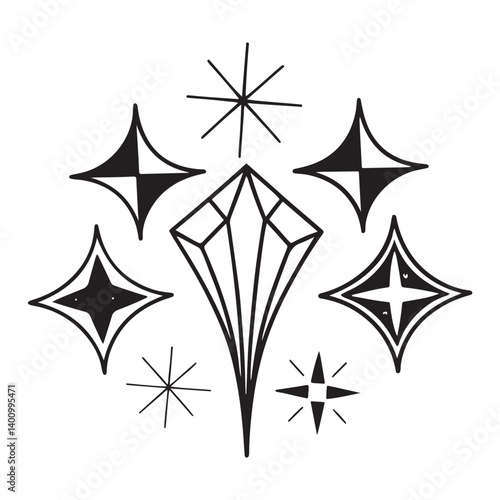 Y2k star sparkle bling abstract tattoo shapes. Simple minimal geometric signs and symbols in trendy retro 2000s style. Space cosmos galaxy aesthetic
