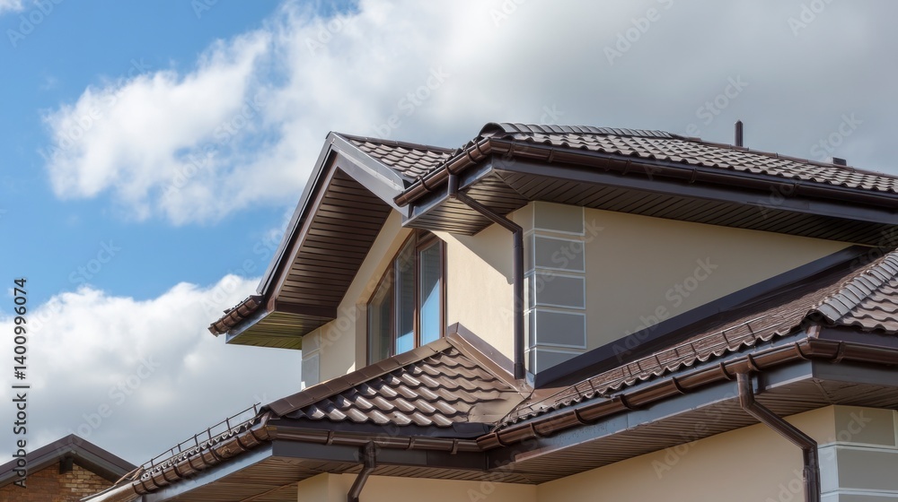 Home Exterior with Brown Roof Tiles and Gutter System Under Cloudy Sky Home Exterior with Brown Roof Tiles and Gutter System Under Cloudy Sky