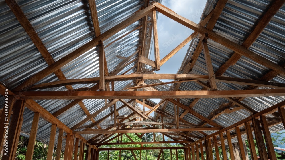 Constructing Building Frame with Metal Sheet Roofing and Wooden Beams Constructing Building Frame with Metal Sheet Roofing and Wooden Beams