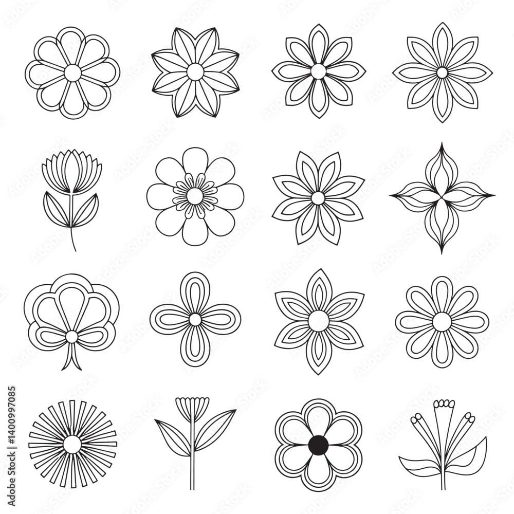 Fototapeta premium set of black and white flowers roses leaf floral nature tree oak icons vector illustration