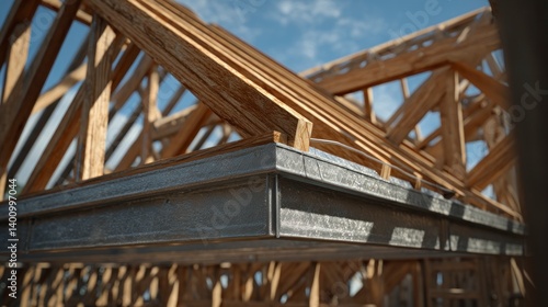 House Framing Construction with Wooden Trusses and Steel Beam Support