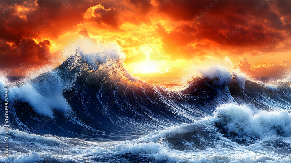 Waves Crashing Against the Shoreline with a Fiery Sunset Sky Illuminating The Scene During the Golden Hour Displaying a Seascape