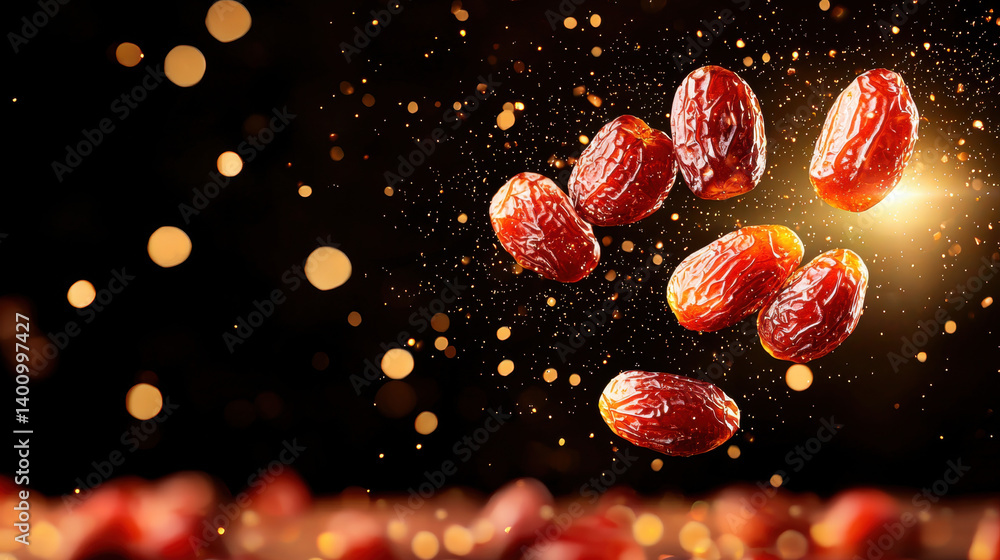 Fototapeta premium Floating dates gently rotating in mid air, surrounded by sparkling lights and warm glow