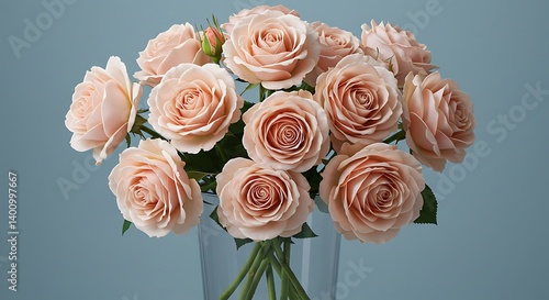 Peach Blush Roses in Glass Vase on Blue Background