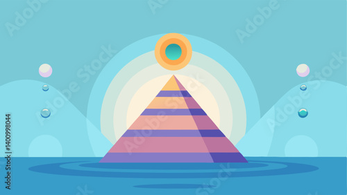 Organic Harmony A smooth organicshaped pyramid suspended in the air above a tranquil body of water. Radiant energy beams thrust upward from the waters surface creating ripples that
