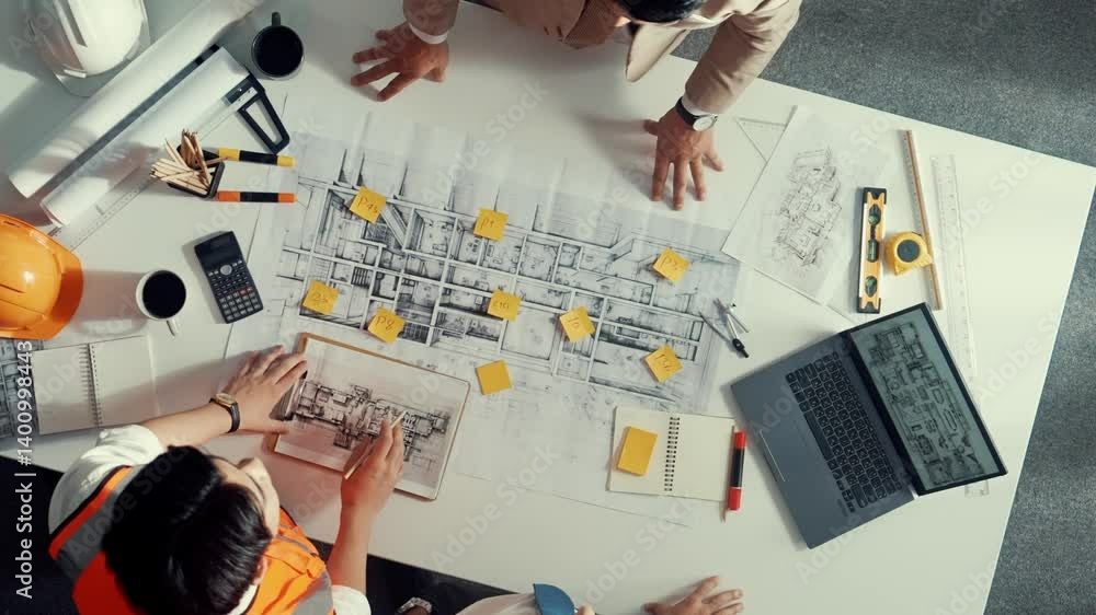 Top down aerial view of smart architect engineer team pointing and discussing about building construction. Group of diverse people working together to plan and design by using blueprint. Alimentation. Top down aerial view of smart architect engineer team pointing and discussing about building construction. Group of diverse people working together to plan and design by using blueprint. Alimentation.