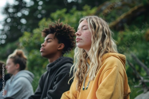 A group of teenagers practicing mindfulness meditation, demonstrating positive methods to manage stress and anxiety,