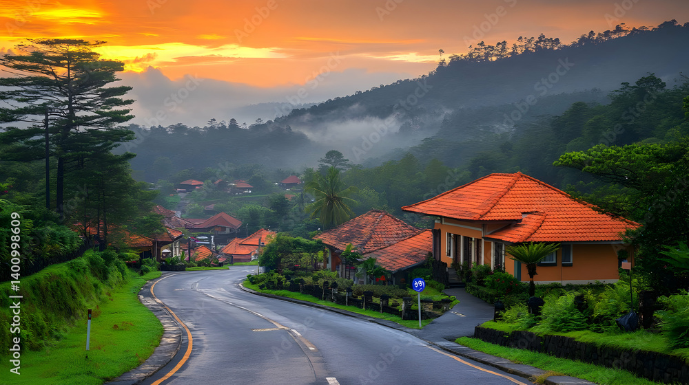 Winding Road Leading to a Village at Sunset with Lush Green Hills and Tropical Trees Under a Colorful Sky