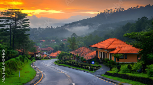 Obraz na płótnie Winding Road Leading to a Village at Sunset with Lush Green Hills and Tropical Trees Under a Colorful Sky w salonie